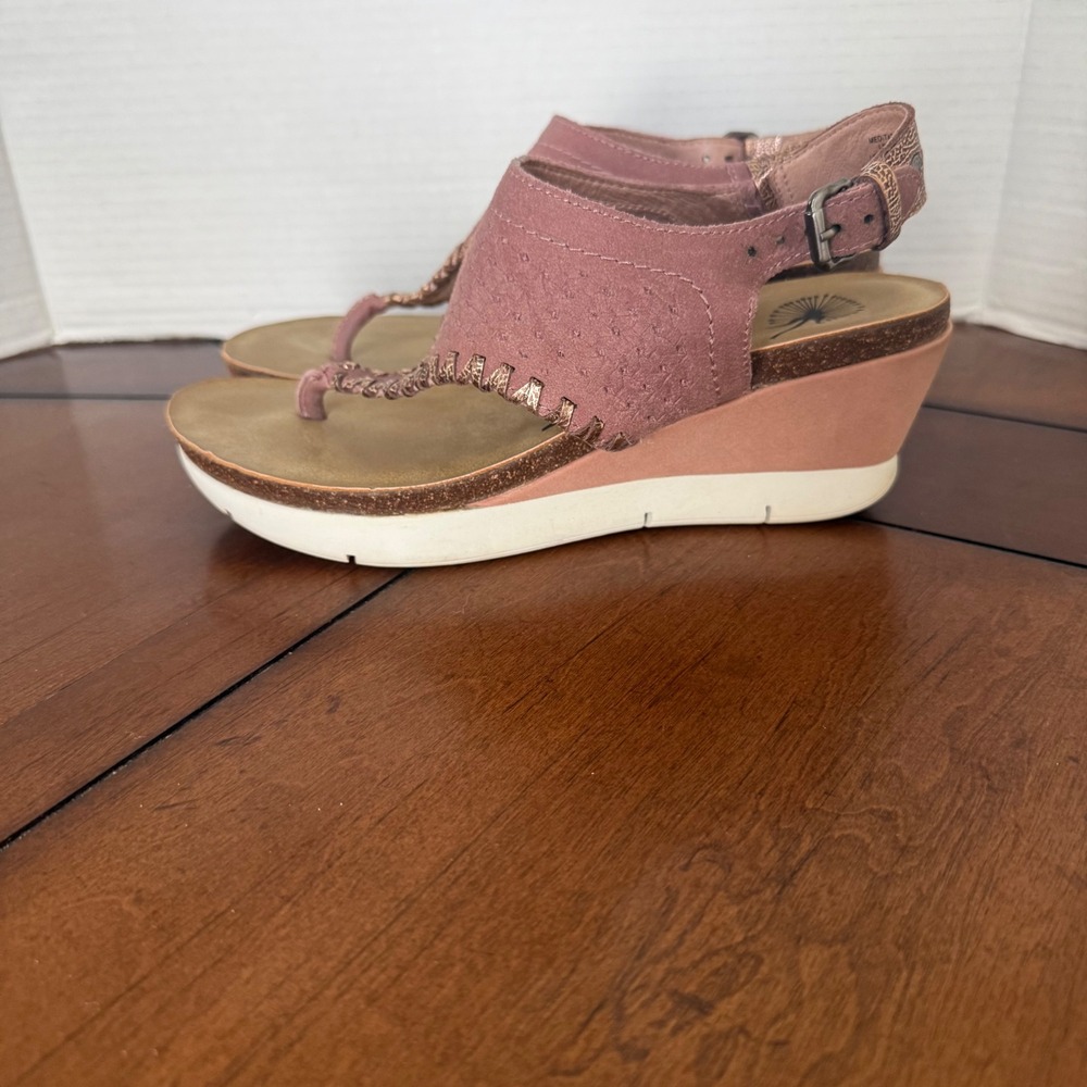OTBT Meditate Mauve Rose Leather Wedge Sandals Metallic Whipstitch 8M